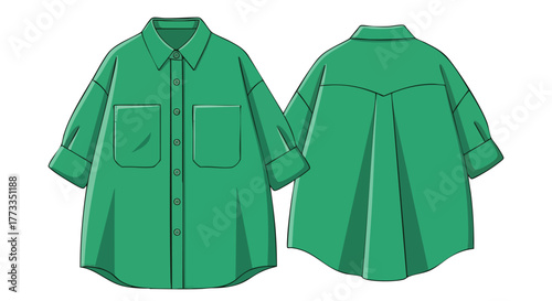 Emerald green oversized shirt design showcasing front and back views on a white background for fashion related designs