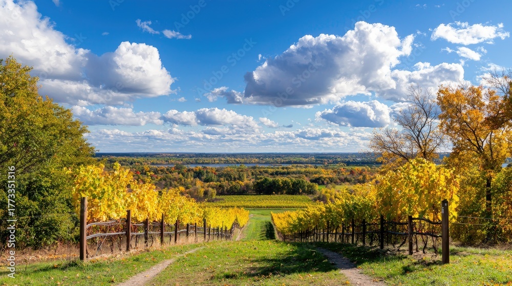 Naklejka premium Scenic Vineyard Landscape in Autumn with Vibrant Foliage and Rolling Hills Under a Beautiful Cloudy Sky