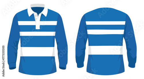 Illustration of a blue and white striped rugby shirt with long sleeves and collar displaying the front and back view for sports teams and apparel
