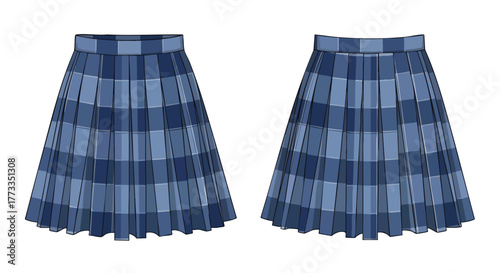 Detailed illustration showcasing two pleated skirts with a distinctive blue plaid pattern, perfect for fashion or design applications