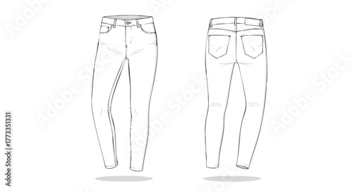 Fashion Illustration Featuring a Detailed Technical Drawing of Women's Skinny Jeans Apparel Design Pattern