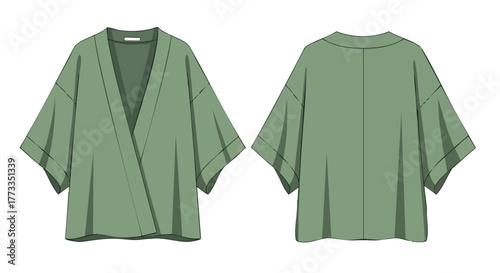 Green kimono style shirt illustration capturing its front and back design details on a white background apparel showcasing