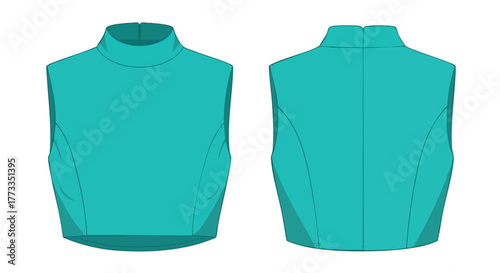Technical garment flat sketch showcasing a sleeveless turtleneck top design in vibrant turquoise color front and back views for fashion industry