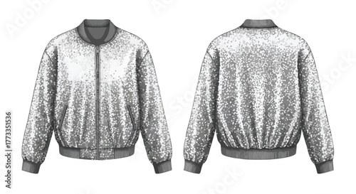 Front and back view of a meticulously crafted silver sequin bomber jacket illustration that embodies fashion-forward design showcasing attention to