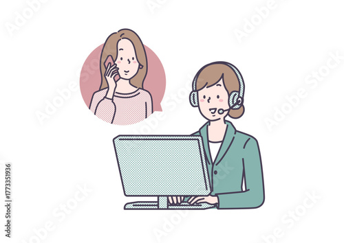 オンラインで接客対応をするオペレーターの女性と電話をする女性