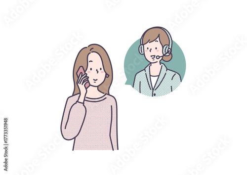 オンラインで接客対応をするオペレーターの女性と電話をする女性