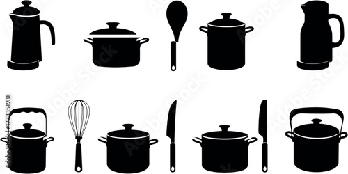 A set of black and white vector illustrations of kitchen silhouettes featuring pan, pot, saucepan, lid, utensil, and other cooking equipment isolated objects