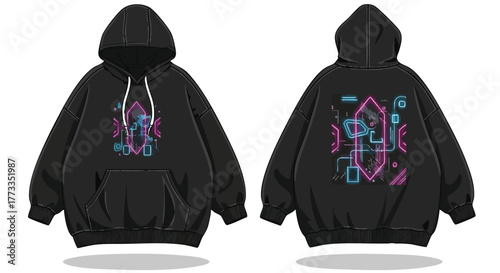 Futuristic hoodie design featuring neon geometric patterns in a dark aesthetic style on a black background