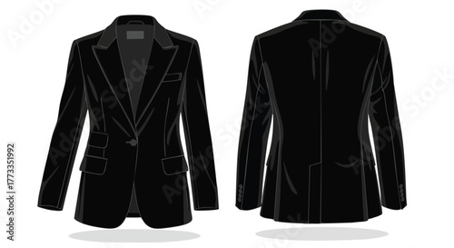 Sophisticated black blazer illustration showcasing front and back designs for fashion representation