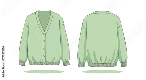 Mint Green Cardigan Showcase: Front and Back Fashion Apparel Design Overview  Image