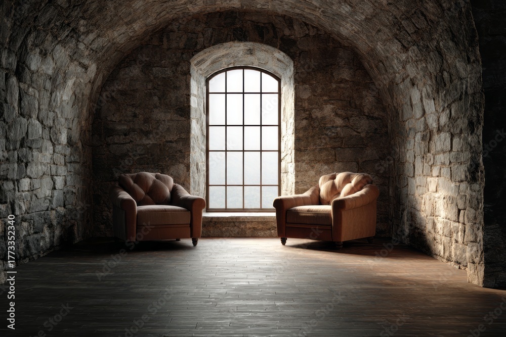 Obraz premium Two plush armchairs sit in a dimly lit stone arched room.