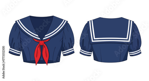 Depiction of an anime-style sailor uniform top with detailed accents and vibrant colours capturing the essence of a playful and youthful design