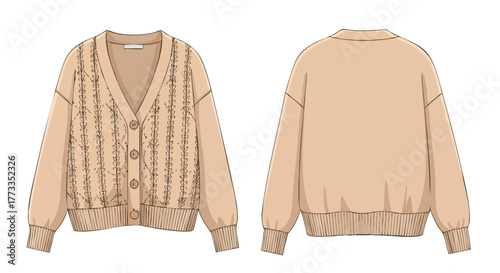 Elegant sketch of a beige cardigan with intricate leafy patterns for fashion and design, front and back views showcase the garment's structure