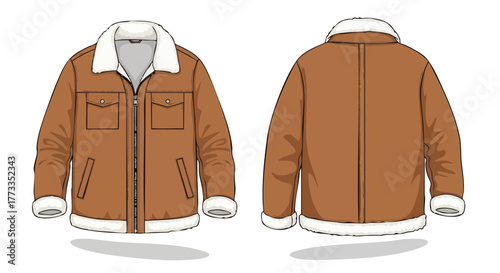 Illustration of a stylish brown jacket with fluffy white trim showcasing both front and back views for fashion design