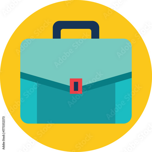 Teal briefcase with red clasp on yellow circle background luggage travel