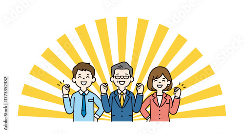 放射線状の背景と、がんばる男性と女性の会社員の上半身ベクターイラスト素材セット＿カラー