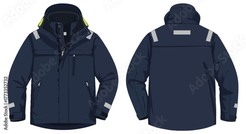 Technical illustration showcasing the design and features of a durable outdoor hooded jacket in navy blue style and technical illustration