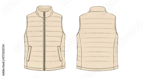 Neutral Toned Padded Vest Render with Front Zipper and Pocket Details, Styled in Both Front and Back Perspectives