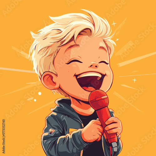 A young boy with blond hair enthusiastically sings into a red microphone, smiling brightly.   , vector style simple color