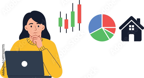 Woman Analyzing Stock Market Data and Real Estate Investment Opportunities Online