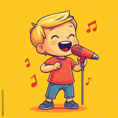 A young boy with blond hair enthusiastically sings into a red microphone, smiling brightly.   , vector style simple color