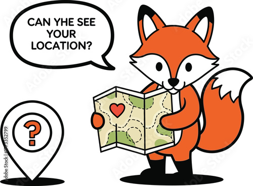 Fox character holding a map with a heart asking about location visibility