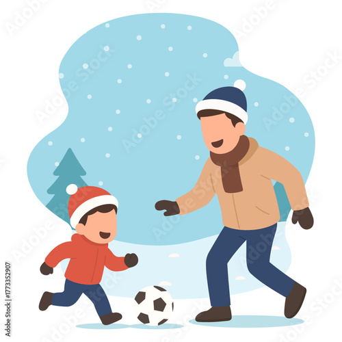 Father and Son Playing Soccer in Snowy Winter Landscape – Flat Design Illustration