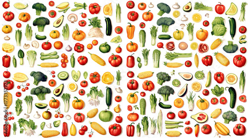 Watercolor pattern of colorful vegetables on white background. Fresh organic food art ideal for healthy lifestyle, diet, and culinary design.