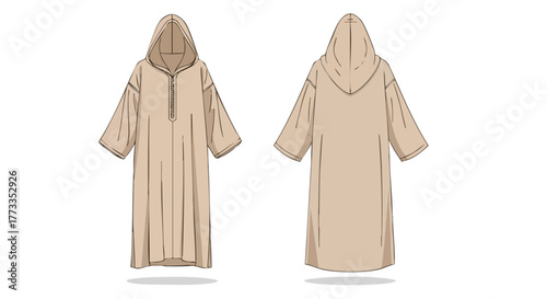 Digital depiction of a tan hooded robe showcased in front and back views for fashion representation featuring a zipped design and ample sleeves