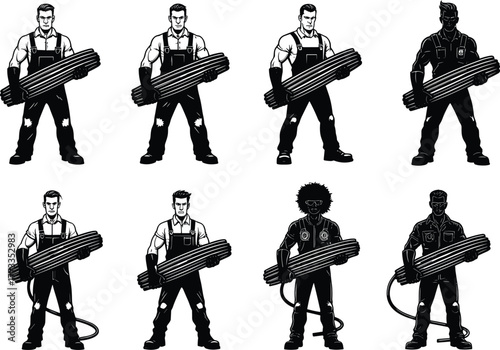 Eight different style illustration of electrician worker holding electrical pipes, construction repairman in uniform with cable coil, professional technician vector art set