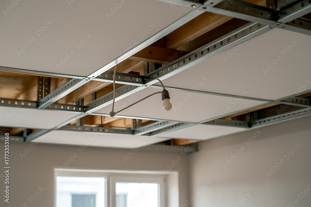 Fototapeta premium Suspended ceiling construction with exposed metal grid and light fixture