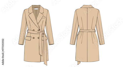 Elegant Beige Trench Coat Technical Drawing Showcase for Fashion Design and Apparel Pattern Making featuring front and back views on white background