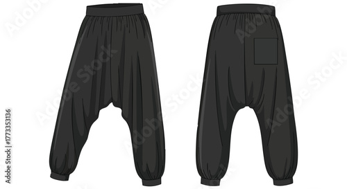 Conceptual illustration showcases black harem pants design with elastic waistband and minimalist pocket detail providing both front and back views