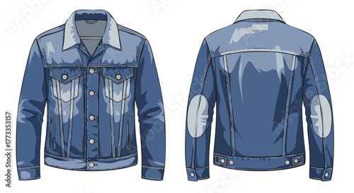 Detailed vector illustration showcasing the front and back view of a stylish blue denim jacket