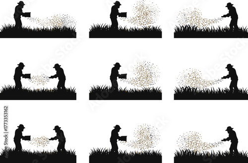 Farmer silhouette sowing seeds, traditional agriculture, field work, rural scene, motion gesture, seed dispersal, vector illustration, farming process, nature interaction, 