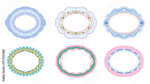 Vintage Oval Frames Set. Pastel Decorative Labels with Floral and Lace Borders