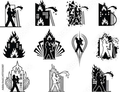 Firefighter vector illustration, emergency response, fire hose action, building rescue, silhouette style, flame control, heroic scene, safety gear, ladder, water spray