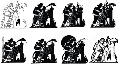 Firefighter vector illustration, emergency response, fire suppression, hose action, burning building, silhouette style, ladder rescue, flame control, safety gear, heroic scene