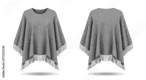 Elegant presentation of a versatile grey poncho with delicate fringe detailing on a clean background showing front and back view