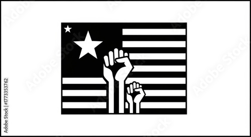 Black and white flag with raised fists and stars representing unity and resistance movement symbol created with generated ai