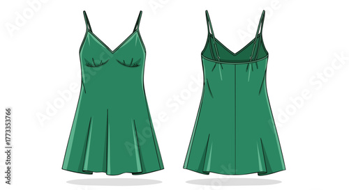 Emerald Green Slip Dress Illustration Showing Front and Back Views for Fashion Design Visualizations
