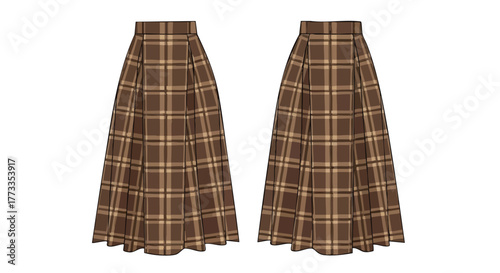 Elegant flared midi skirts in a classic brown and beige plaid pattern offering versatile fashion options for any occasion