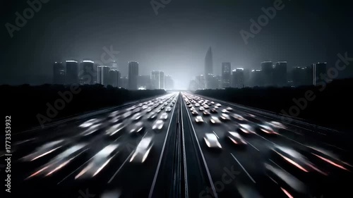 City Highway with Heavy Traffic at Night