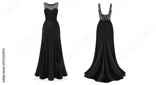 Elegance embodied: a refined floor-length gown with sheer neckline and exquisite open-back design, presented in forward and reverse view