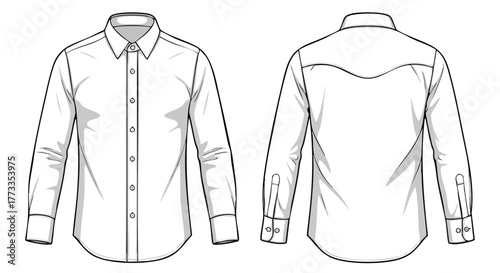 Detailed vector illustration showcasing a classic long sleeved shirt design, depicting both front and back views, tailored for fashion presentations