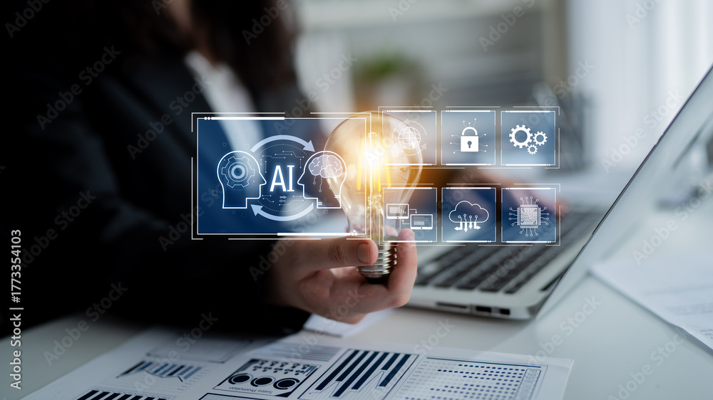 Fototapeta premium AI system integration improves artificial intelligence platform. AI system integration enhances automation, secures data, supports cloud, and AI system integration connects systems. Latch