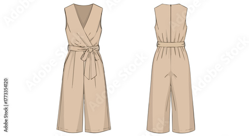 Detailed schematic sketch illustration showcasing a stylish jumpsuit design with front and back views fashion ready for design enthusiasts