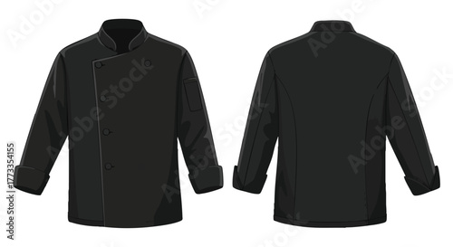 Sophisticated Black Chef Coat Apparel Illustration Featuring Front and Back Views on Clean White Backdrop