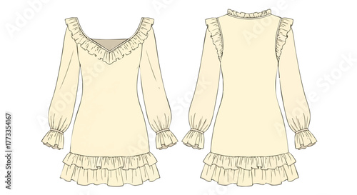Detailed sketch of a fashionable cream-colored dress with long sleeves and ruffled detailing, ideal for fashion design or illustration projects