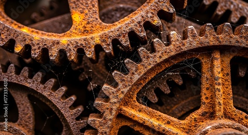 Rusty gears create a vintage industrial art piece, showing the breakdown of metal, the passing of time and loss of mechanical functionality.
